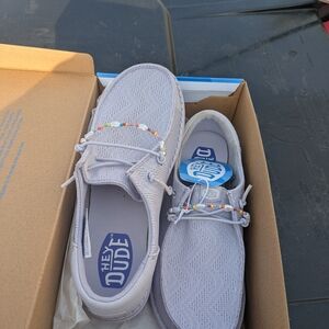 Hey Dude Kids Slip-On Sneakers in Light Gray with Colorful Bead Accent